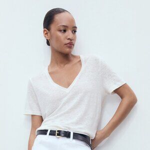 Mango White Linen V-neck Short Sleeve Tee Size XS NWT